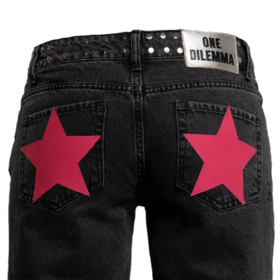 ONE DILEMMA American Fashion Jeans Womens Red Five Pointed Star Sequined Rivet Baggy Jeans Y2K Casual Mid Rise Slim Trousers